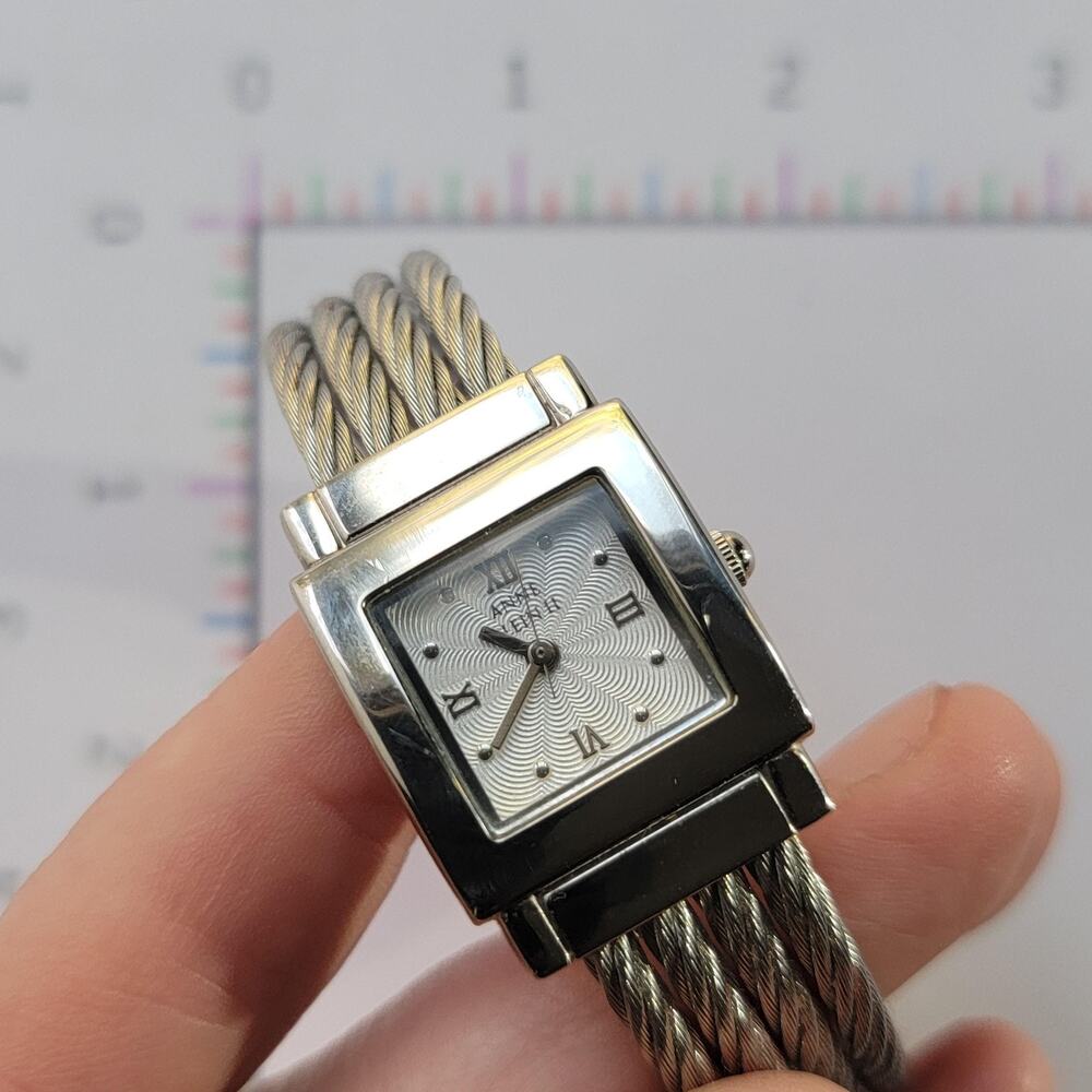 Vintage Anne Klein Womens Watch Silver Dial Square Case Cable Bangle Quartz